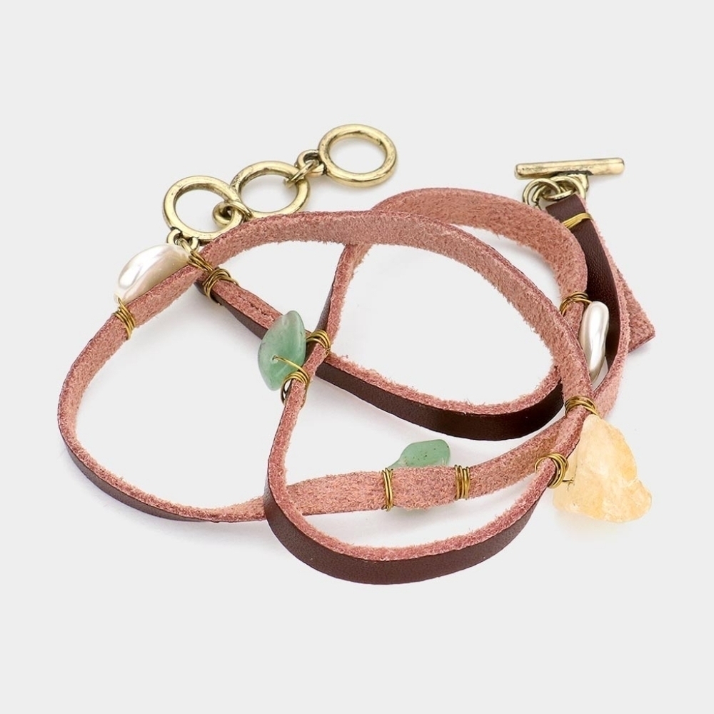 Raw Quartz Pearl Faux Leather Wrap Bracelet Boho Toggle Bracelet Earthy Jewelry